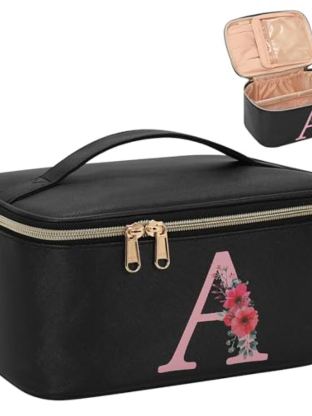 Initial Monogram Makeup Bag Vegan Leather Travel Cosmetic Case Brush Holder